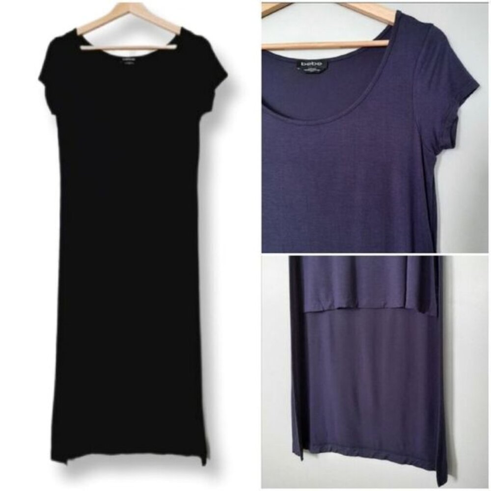 BEBE Long Hi-Low Hem T-shirt Tunic Top Short Sleeve Blue Sz XS